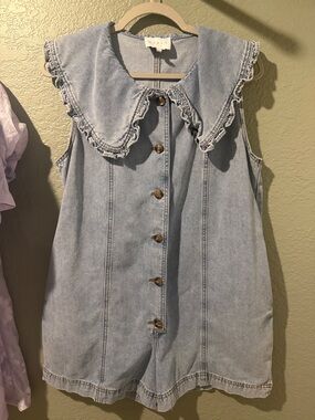 Mable Light Wash Denim Jean Shorts Romper with Peter Pan Collar